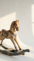 Antique wooden rocking horse with distressed paint and floral details, soft natural light, vintage nursery decor and childhood nostalgia concept.