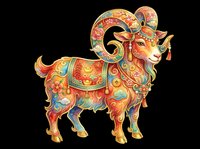 Ornate decorative goat with vibrant floral patterns, intricate gold detailing, and colorful embellishments isolated on transparent background. Ready for t-shirt design, clipart, stickers, and print-on-demand projects.