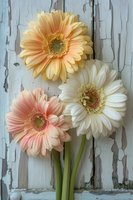 Pastel gerbera daisies in peach, cream and white colors against weathered wooden background. Fresh spring flowers with long green stems create romantic composition.