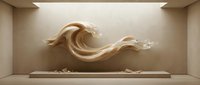 Abstract flowing wave sculpture in neutral beige tones displayed on gallery wall pedestal, contemporary art installation for interior design and architectural visualization projects.