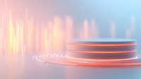 Glowing neon circular platform with orange light rings against soft blue background creates futuristic product display space for merchandise presentation.