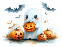 Cute ghost character holding jack-o-lantern pumpkin surrounded by Halloween decorations with flying bats and autumn leaves on white background.