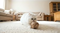 White fluffy cat playing with woven ball toy on carpet in modern living room with beige sofa and wooden furniture.
