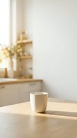 Blank white ceramic mug on wooden table with natural sunlight, blurred interior background with gold decorative elements, ready for mockup and branding designs.