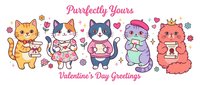 Adorable cartoon cats in kawaii style holding Valentine gifts and love letters with hearts and flowers for romantic holiday celebration.