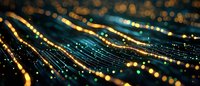 Abstract glowing lines with golden and turquoise bokeh lights on dark background create futuristic technology pattern for digital concepts.