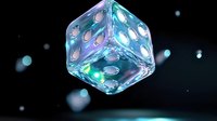 Glowing translucent dice with holographic effect floating on dark background with bokeh lights. Crystal gaming cube with luminescent dots creates magical atmosphere.