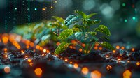 Young green plant seedlings growing through soil with water drops and magical bokeh lights creating dreamy garden atmosphere. Macro nature photography.
