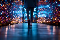 Person walking on reflective surface amid magical light display with colorful bokeh effects and glowing particles creating dreamy nighttime atmosphere. Suitable for fantasy concepts.