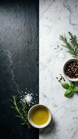Overhead view of split dark slate and white marble surfaces with fresh rosemary, basil, sea salt, peppercorns in bowl, and olive oil for culinary and food styling projects.