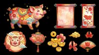 Festive Chinese New Year pig clipart set with lantern, scroll, coins, and fan, isolated on transparent background. Great for stickers, t-shirt design, print on demand.