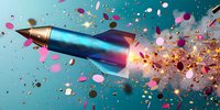 Metallic blue rocket pen bursting with colorful confetti and rose petals against turquoise background, creative explosion effect for education and writing concepts.