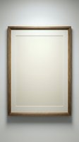 Empty wooden picture frame with white mat hanging on neutral wall ready for artwork display and home decoration projects.