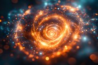 Cosmic spiral of glowing orange and blue particles forming a galaxy-like vortex against dark background, creating an ethereal space atmosphere.