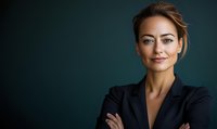 Confident mixed race businesswoman in navy blazer with arms crossed smiling against dark green background, professional corporate portrait.