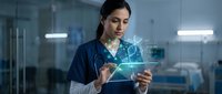 Female doctor using futuristic holographic tablet technology in modern hospital ward for advanced medical diagnostics and patient care management.