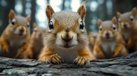 Curious red squirrel in close-up view with group of squirrels in background, looking directly at camera while perched on tree bark in forest setting.