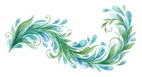 Watercolor floral swirl ornament in green and blue tones isolated on white background for decorative design projects and botanical artwork applications.