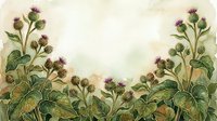Watercolor burdock plants with purple thistle flowers framing a soft background, creating a botanical border for cards and nature designs.