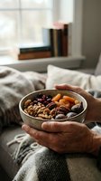 Senior woman hands holding bowl of mixed nuts, dried fruits and seeds in cozy bedroom setting for healthy snacking and wellness lifestyle.