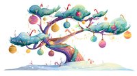 Colorful bonsai tree with festive ornaments hanging from branches, decorated with candy canes and holiday baubles on watercolor background.