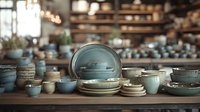 Handcrafted ceramic tableware collection in soft blue and beige tones displayed on wooden surface, featuring plates, bowls and cups in rustic pottery style.
