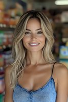Young Caucasian woman with blonde wavy hair and natural makeup smiling warmly at camera wearing blue denim top, blurred store background. For lifestyle and beauty advertising.
