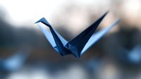 Blue paper origami crane in flight against soft blurred background, capturing traditional Japanese art form with modern minimalist aesthetic and peaceful mood.