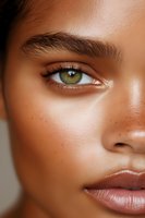 Close up portrait showing bright green eye, natural freckles, and flawless glowing skin with neutral makeup look for beauty and cosmetic advertising.