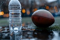 Water bottle and football on wet ground with bokeh lights in background, close-up view showing condensation and droplets on plastic surface during rainy weather.