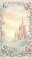 Dreamy fairy tale castle surrounded by ornate floral border with pastel flowers and decorative scrollwork on soft watercolor background for fantasy designs.