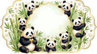 Watercolor frame with cute pandas and bamboo, gold decorative border, blank center for text, isolated on white background.