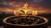 Young green seedling sprouting from rich soil in a pot with glowing neon icons of running figure, crescent moon and stars above, symbolizing growth, success and ambition against dramatic sunset sky.
