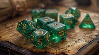 Translucent green polyhedral dice with golden numbers on vintage parchment map background, perfect for tabletop gaming, role-playing games and fantasy concepts.