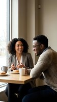 Happy African American couple enjoying coffee date conversation at modern cafe table by window laughing together in warm natural light atmosphere.