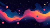 Vibrant cosmic waves flow through starry night sky in gradient colors of pink, orange and deep blue, creating mesmerizing abstract space background with floating spheres.