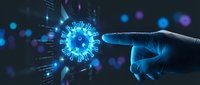 Human finger touching glowing digital virus particle with data streams and bokeh lights on dark background for cybersecurity and medical technology concepts.