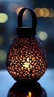 Decorative lantern with floral cutout pattern glowing warmly against dark background with bokeh lights, creating cozy atmospheric ambiance.