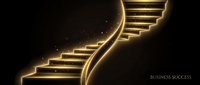 Glowing golden staircase ascending against dark background with sparkling light effects, symbolizing career growth and business success for corporate presentations.