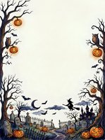 Watercolor Halloween border frame with pumpkins, owls, bats, witch on broomstick, graveyard and haunted castle, copy space center.