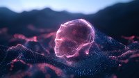 Glowing pink digital human face formed from particles emerging from dark wave landscape with mountain silhouettes. Futuristic artificial intelligence concept.