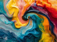 Vibrant fluid art with swirling patterns of turquoise, yellow, red, and orange creating dynamic abstract composition for modern interior design.