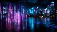 Futuristic digital light streams in purple and blue colors against urban night skyline reflecting on water surface, creating modern technological atmosphere.