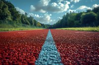 Red running track with blue dividing line stretching into distance, surrounded by green forest under bright summer sky.