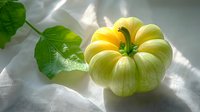Fresh yellow-green heirloom tomato with green leaf on white textured background in soft natural sunlight and shadows, organic produce photography.