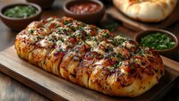 Freshly baked pull-apart bread with herbs and cheese, served with colorful dipping sauces on rustic wooden board for sharing meals and appetizers.
