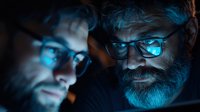 Bearded mature man in glasses illuminated by blue light from computer screen working late at night, cybersecurity specialist monitoring digital data.