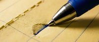 Blue pen with metal tip writing on lined yellow notepad paper, suitable for education, business correspondence, writing, and stationery concepts.