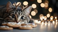 Adorable tabby kitten with bright green eyes lying among warm golden Christmas lights creating magical holiday bokeh background atmosphere.