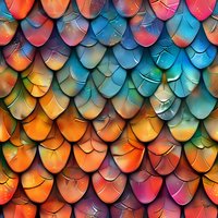 Vibrant overlapping scales in rainbow colors create mesmerizing pattern with orange, blue, and pink gradient transitions, featuring subtle texture and depth effects.
